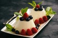 Italian dessert - panna cotta with berries and caramel sauce. Royalty Free Stock Photo