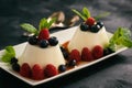 Italian dessert - panna cotta with berries and caramel sauce. Royalty Free Stock Photo