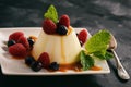 Italian dessert - panna cotta with berries and caramel sauce. Royalty Free Stock Photo