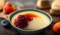 Italian dessert - panna cotta with berries and caramel sauce. Generative AI. Royalty Free Stock Photo