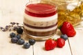 Italian dessert - panna cotta with berries and herbal lavender tea. Homemade berries aspic with different layers of Royalty Free Stock Photo