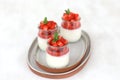 Italian dessert panna cotta with fruit jelly and fresh pieces of strawberries on white background. Copy space