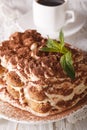 Italian dessert tiramisu on a plate and espresso coffee close-up. Vertical Royalty Free Stock Photo