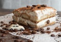 Italian dessert tiramisu on white towel with coffee beans Royalty Free Stock Photo