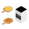 Italian different pizzas cooked in oven. Salami and hawaiian pizza for restaurants, pizzerias