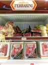 Italian different traditional sausages and ham at the store