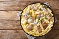 Italian dinner of pasta Tortiglioni with chicken in cheese cream sauce with herbs close up in a dish. Horizontal top view Royalty Free Stock Photo