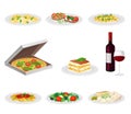 Italian Dishes with Pasta and Pizza Served on Plates Side View Vector Set Royalty Free Stock Photo