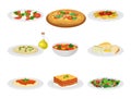 Italian Dishes with Pasta and Pizza Served on Plates Side View Vector Set Royalty Free Stock Photo