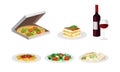 Italian Dishes with Pasta and Pizza Served on Plates Side View Vector Set