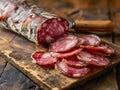 Italian dried meat mortadella on a wooden board. S lices of fresh Italian salami. Close-up, bokeh in the background