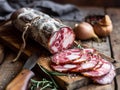 Italian dried meat mortadella on a wooden board. S lices of fresh Italian salami. Close-up, bokeh in the background