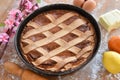 Italian Easter cake called Pastiera napoletana from Campania in Italy on wooden chopping board