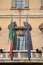 Italian and European Flag hanging from antique building in Rome, Italy, Europe Royalty Free Stock Photo