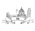 Italian famous landmarks symbol. Trave Italy label. Italy skyline.