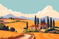 Italian fields landscape. Cartoon countryside panorama with Tuscany hills and village houses, rural valley with trees Royalty Free Stock Photo