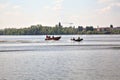 Italian firefighters boats on a lake during a training Royalty Free Stock Photo