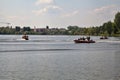 Italian firefighters boats on a lake during a training Royalty Free Stock Photo