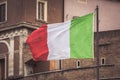 Italian flag. Detail of Castel Sant Angelo Mausoleum of Hadrian in Rome. Ancient and historic castle monument in Italy.