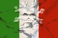 The Italian flag is interlaced with barbed wire with the abstract symbol of the deadly virus. Country isolation concept