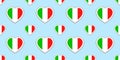 Italian flag seamless pattern. Vector Italy flags stikers. Love hearts symbols. Language courses, sports pages, travel, geographic