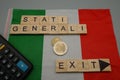 An Italian flag with, stati generali written, some coins, a calculator and written,exit