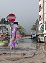 Italian floods aftermath - no entry road sign Royalty Free Stock Photo