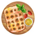 Italian focaccia bread with rosemary and olive oil watercolor
