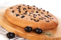 Italian foccacia bread with black olives. Royalty Free Stock Photo