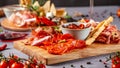Italian food. Assortment of appetizers for a large company in a restaurant. Different types of smoked meat, sausages and cheeses Royalty Free Stock Photo