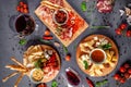 Italian food. Assortment of appetizers for a large company in a restaurant. Different types of smoked meat, sausages and cheeses. Royalty Free Stock Photo