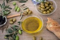Italian food background with ciabatta bread, olive oil and olive Royalty Free Stock Photo