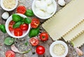 Italian food background concept products - cherry tomatoes, basil, mozzarella, parmesan, garlic, spices, pasta lasagna