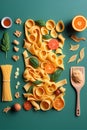 Italian food background. Pasta, vegetables, spices on green background