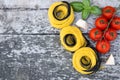 Italian food background with tomatoes, basil, spaghetti, parmesan, olive oil. Ingredients on old wooden table. Royalty Free Stock Photo