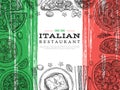 Italian food banner. Restaurant menu, vegetables and spaghetti sketch. Italy cuisine, lunch poster with pizza pasta Royalty Free Stock Photo