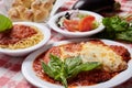 Italian food combination of lasagna, small side salad and garlic knots with whole raw vegetables  on the background Royalty Free Stock Photo