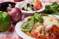 Italian food combination of lasagna, small side salad and garlic knots with whole raw vegetables on the background