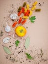 Italian food concept pasta with vegetables and spices herb rosemary ,thyme,parsley,garlic,tomato and champignon mushroom setup on Royalty Free Stock Photo