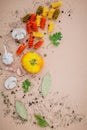 Italian food concept pasta with vegetables and spices herb rosemary ,thyme,parsley,garlic,tomato and champignon mushroom setup on Royalty Free Stock Photo