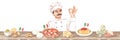 Italian Food and cook Banner. Watercolor illustration of chef with dishes for signboard with copy space. Hand drawn