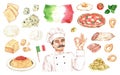 Italian food and cook set. Watercolor illustration of chef with dishes isolated on a white background. Hand drawn clip Royalty Free Stock Photo