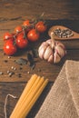 Italian food cooking ingredients. Pasta, vegetables, spices Royalty Free Stock Photo