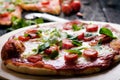 Italian food, cuisine. Margherita pizza on a black, wooden table with igredients like tomatoes, salad, cheese, mozzarella, basil. Royalty Free Stock Photo