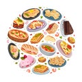 Italian Food Cuisine Round Composition Design with Tasty Dish Vector Template