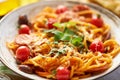 Italian food: delicious homemade pasta with spicy sausage, tomato sauce Royalty Free Stock Photo