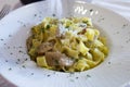 Italian food, firsh course dish, fresh homemade pasta tagliatelle with porcini mushrooms, Parma, Emilia Romagna, Italy Royalty Free Stock Photo