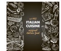 Italian food frame. Set of Italian dishes with farfalle pasta, pizza, ravioli, cheese. Food and drink menu design