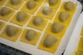 Italian food, fresh home made stuffed pasta tortelli or ravioli dumplings ready to cook, Parma, Emilia Romagna, Italy. Italian Royalty Free Stock Photo