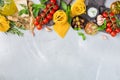 Italian food ingredients with pasta, tomatoes, cheese, olive oil, basil Royalty Free Stock Photo